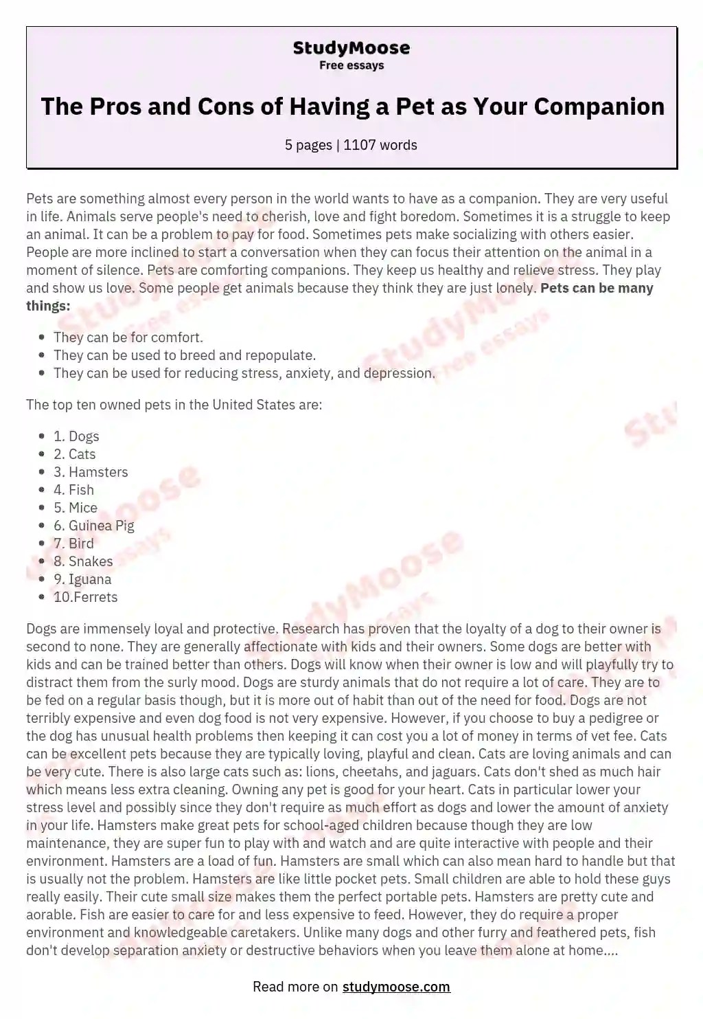 The Pros and Cons of Having a Pet as Your Companion Free Essay Example