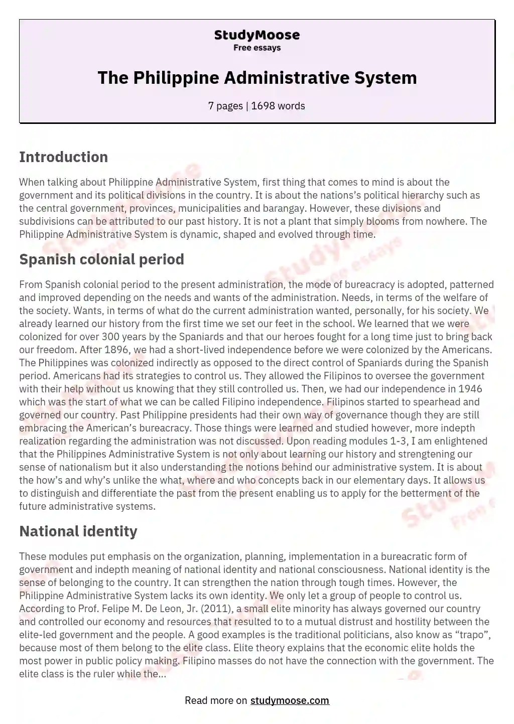 The Philippine Administrative System Free Essay Example