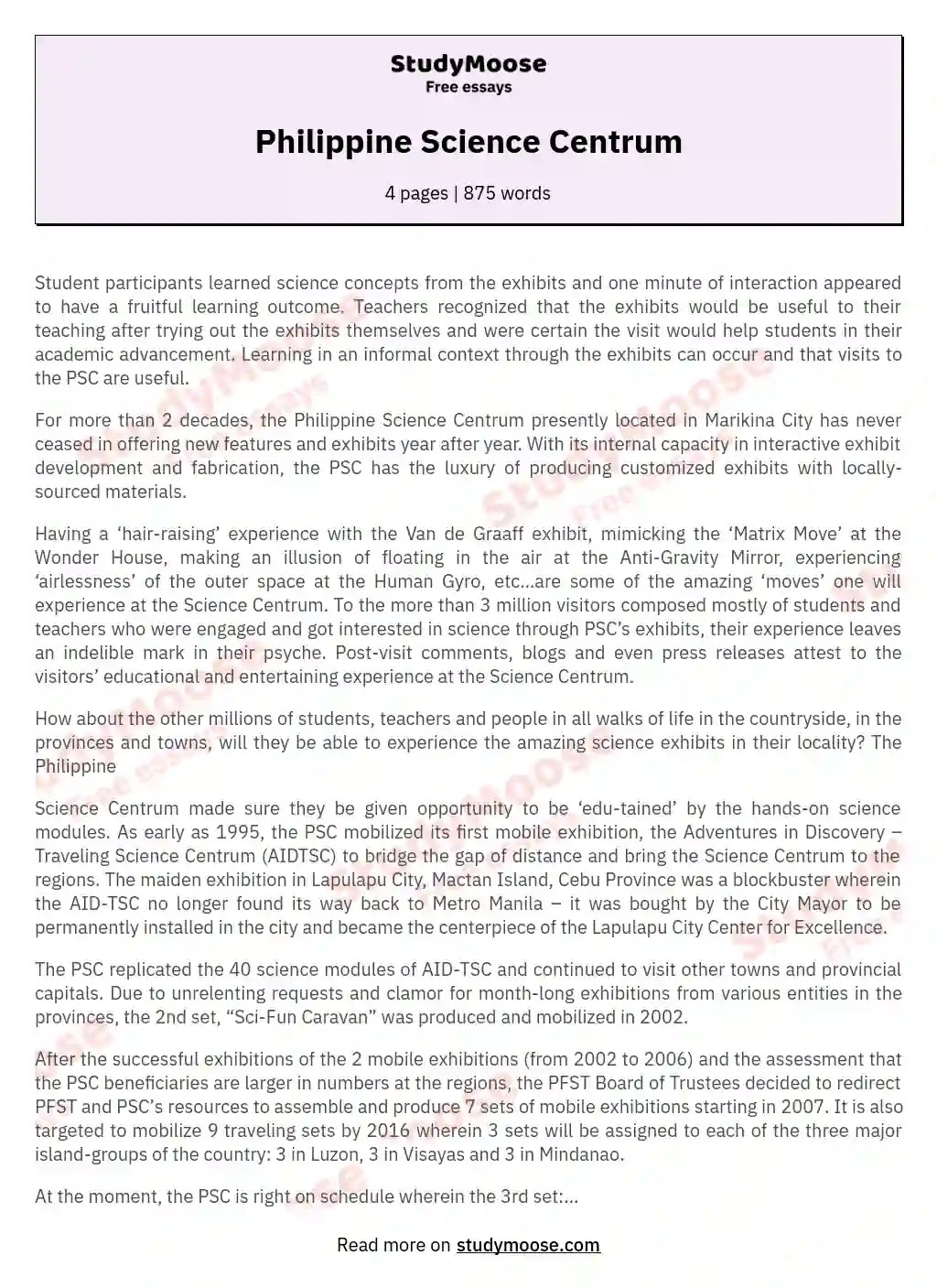 Philippine Science Centrum Free Essay Example