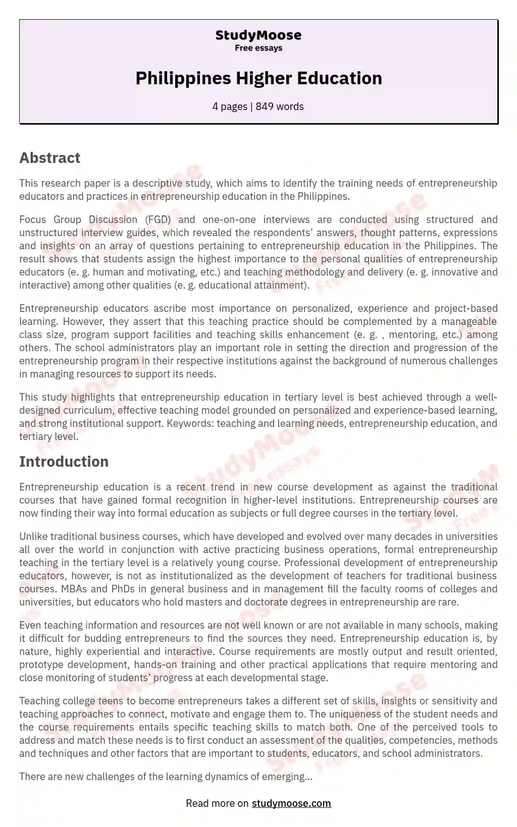 Philippines Higher Education Free Essay Example