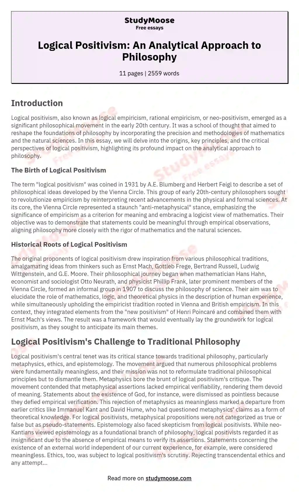 Logical Positivism An Analytical Approach to Philosophy Free Essay Example