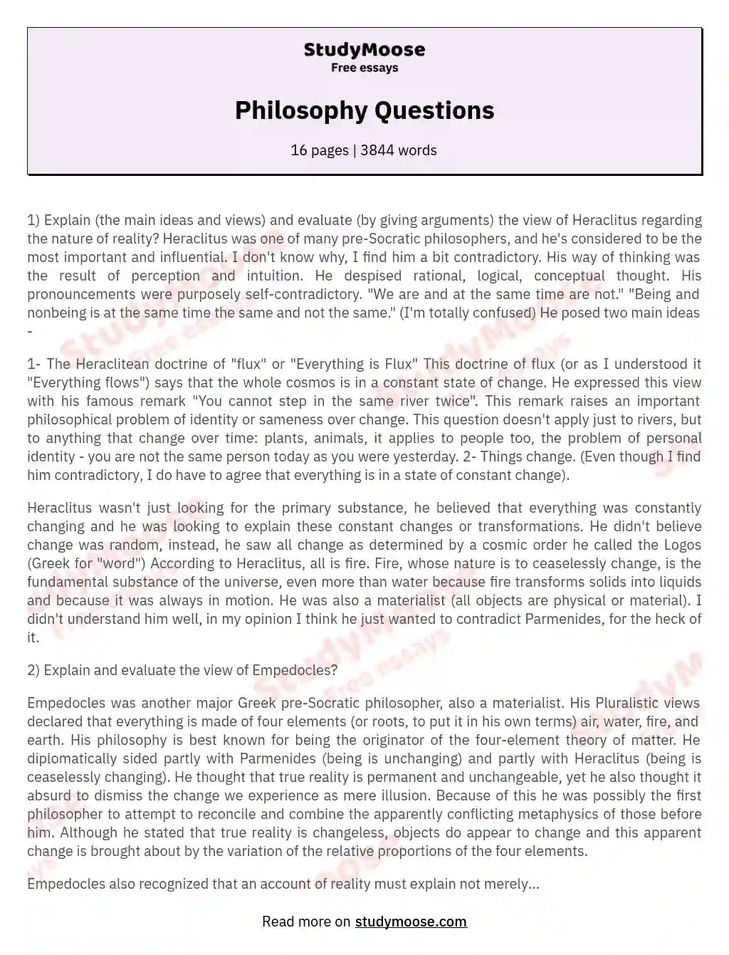Philosophy Questions Free Essay Example