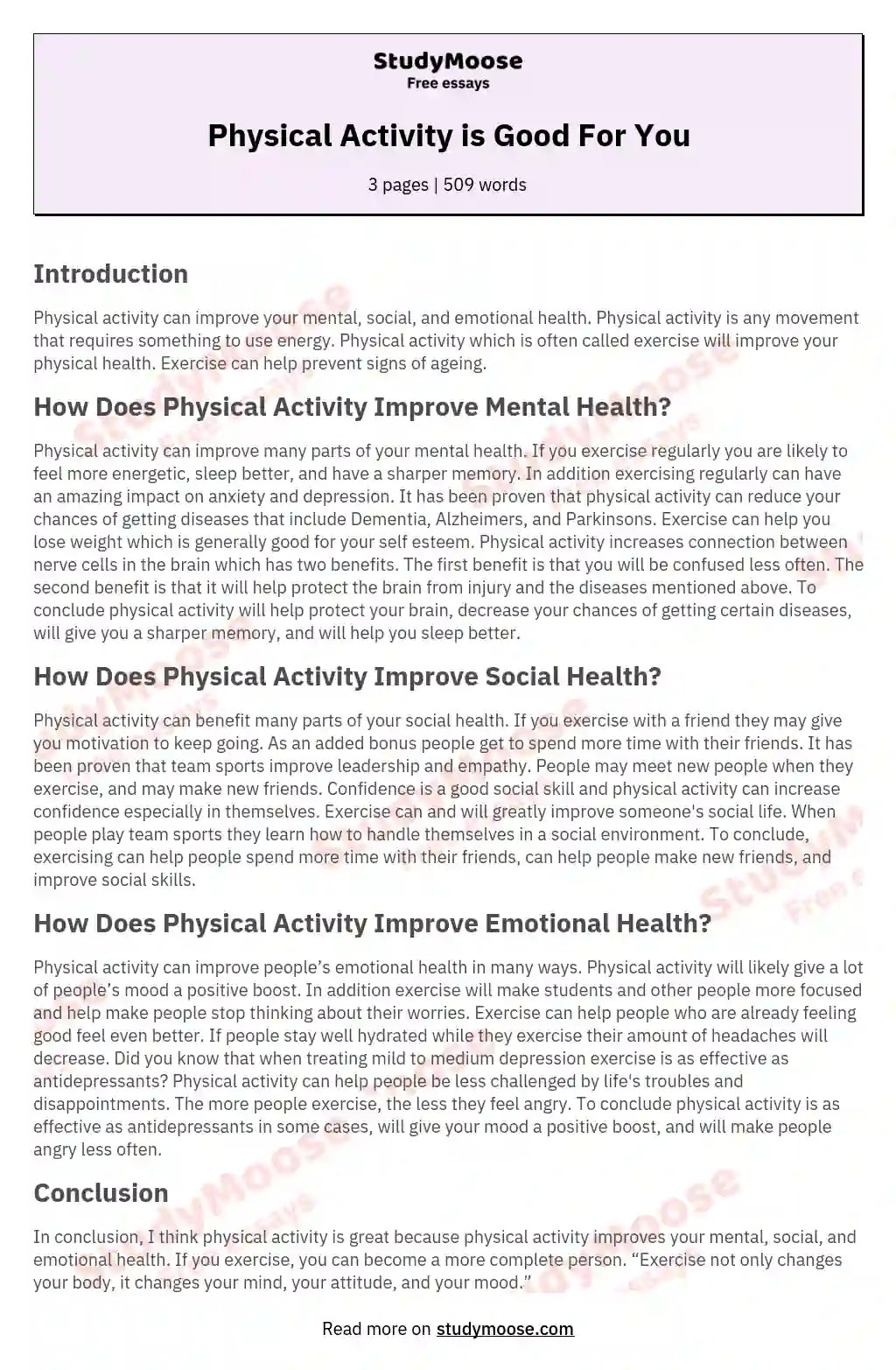 Physical Activity is Good For You Free Essay Example