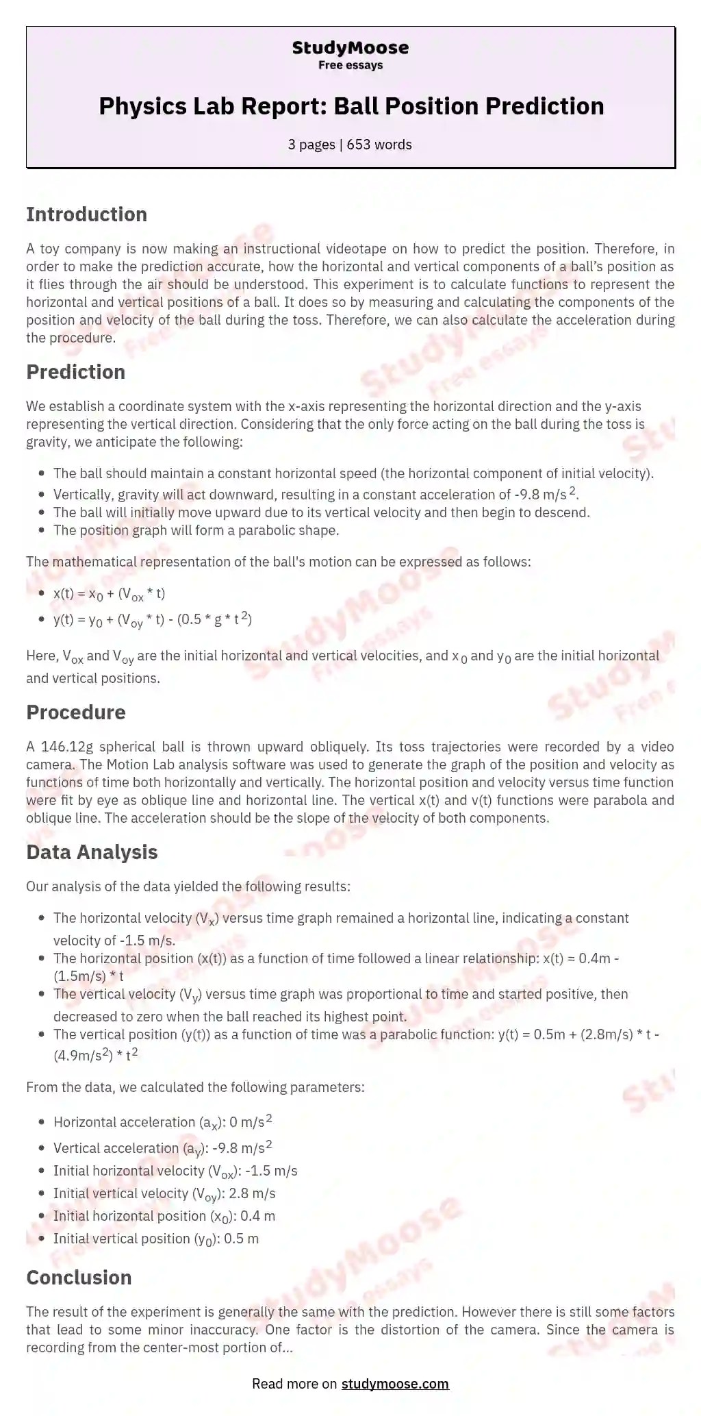 Physics Lab Report Ball Position Prediction Free Essay Example