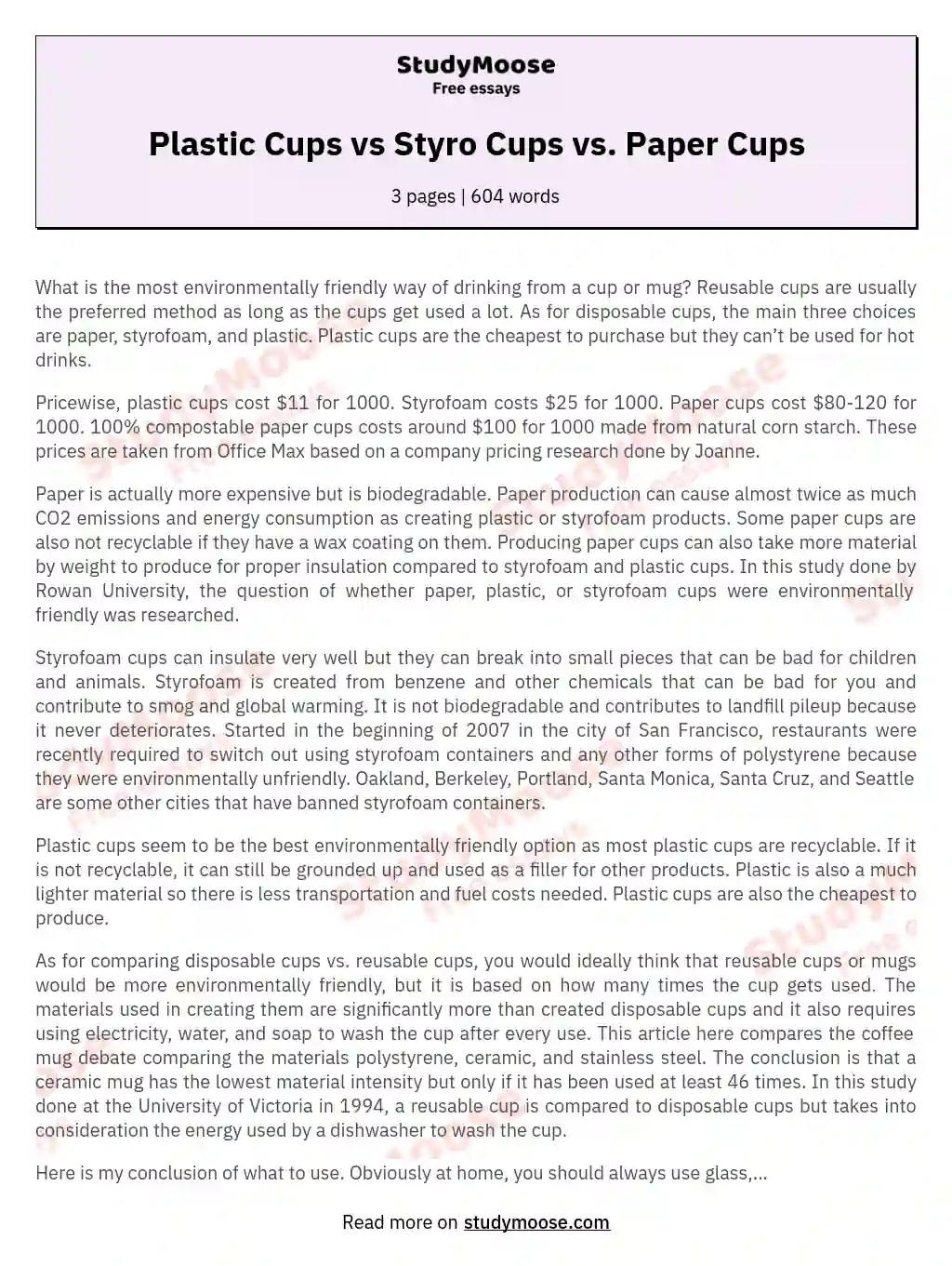Paper Cups vs Plastic Cups vs Styro Cups Free Essay Example