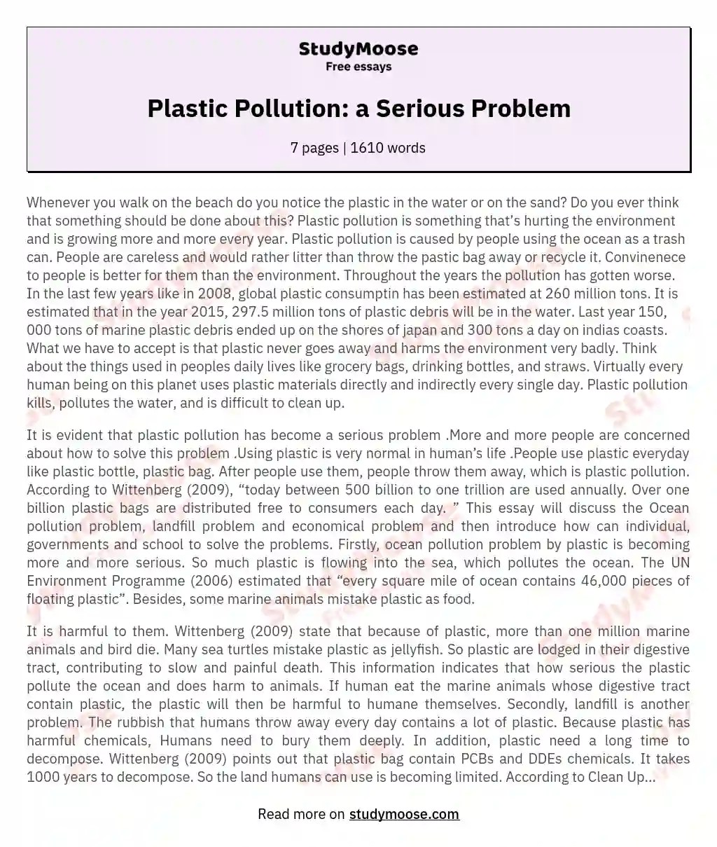 Plastic Pollution a Serious Problem Free Essay Example