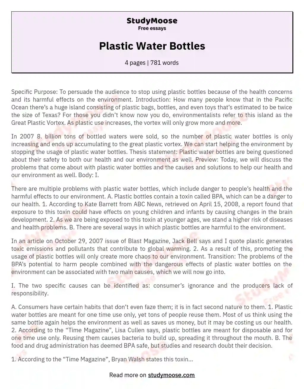 Plastic Water Bottles Free Essay Example