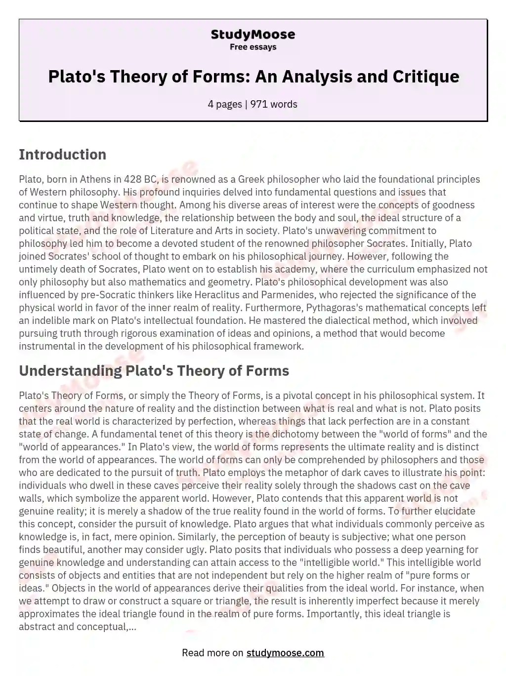 Plato's Theory of Forms An Analysis and Critique Free Essay Example