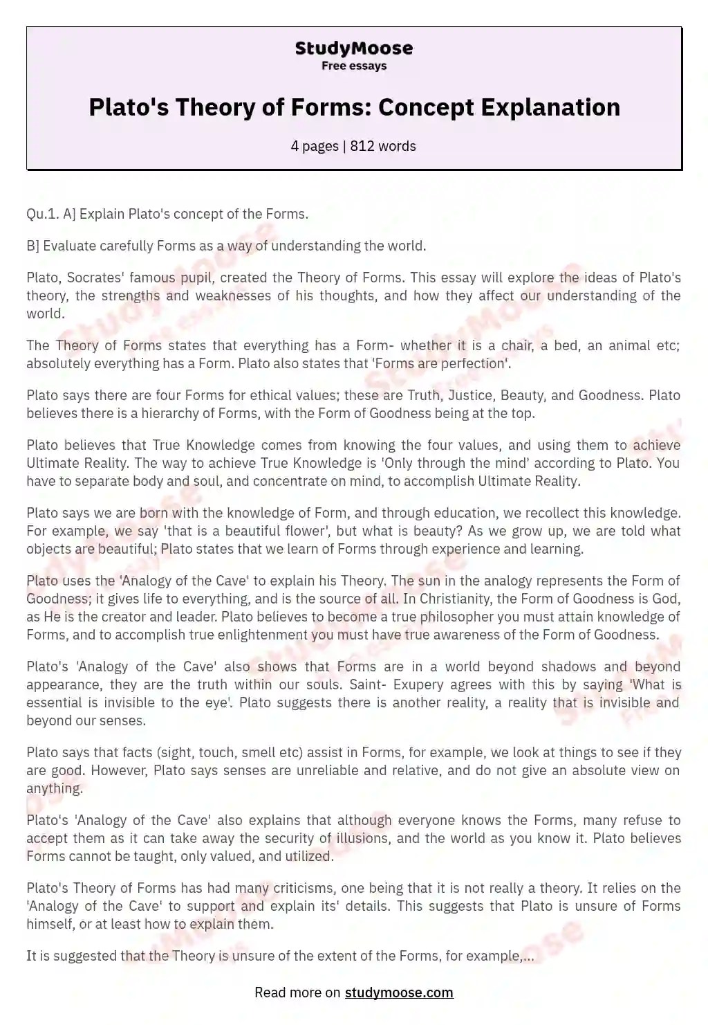 Plato's Theory of Forms Concept Explanation Free Essay Example