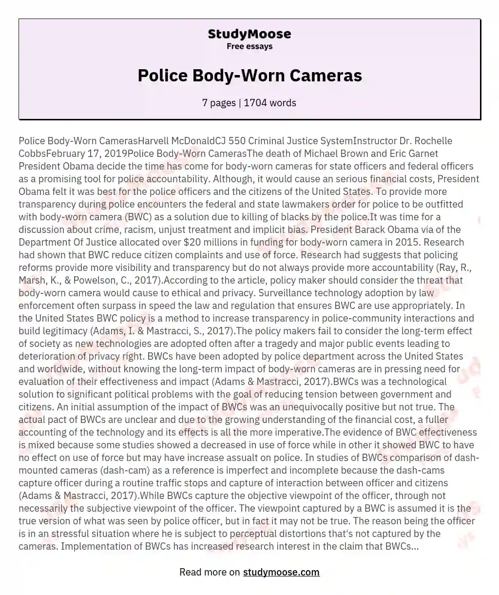 Police BodyWorn Cameras Free Essay Example