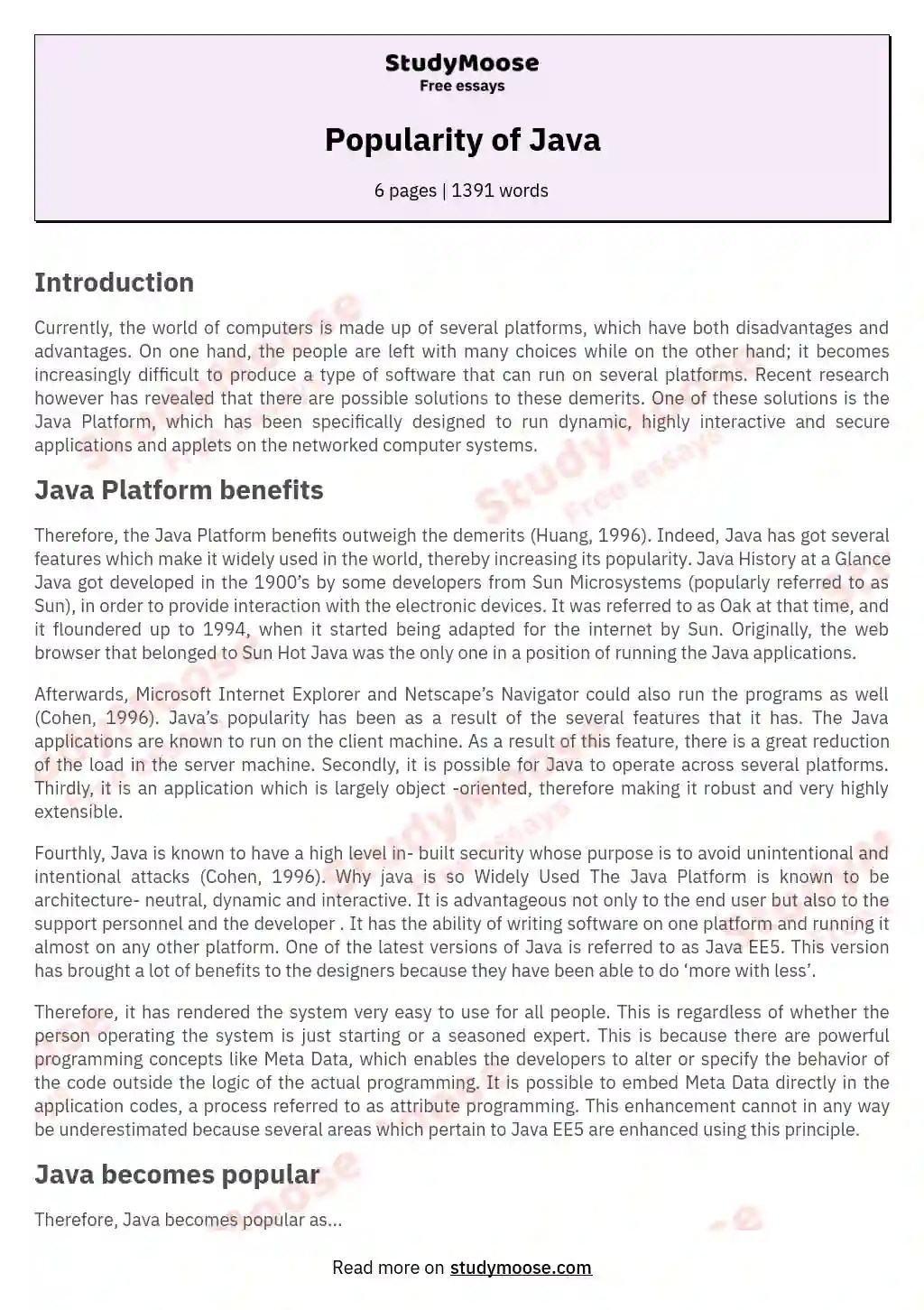 Popularity of Java Free Essay Example
