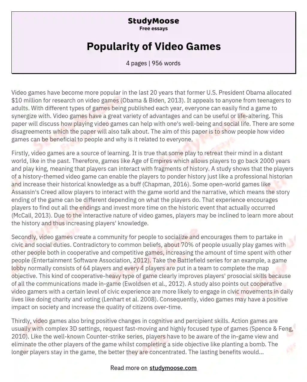 Popularity of Video Games Free Essay Example
