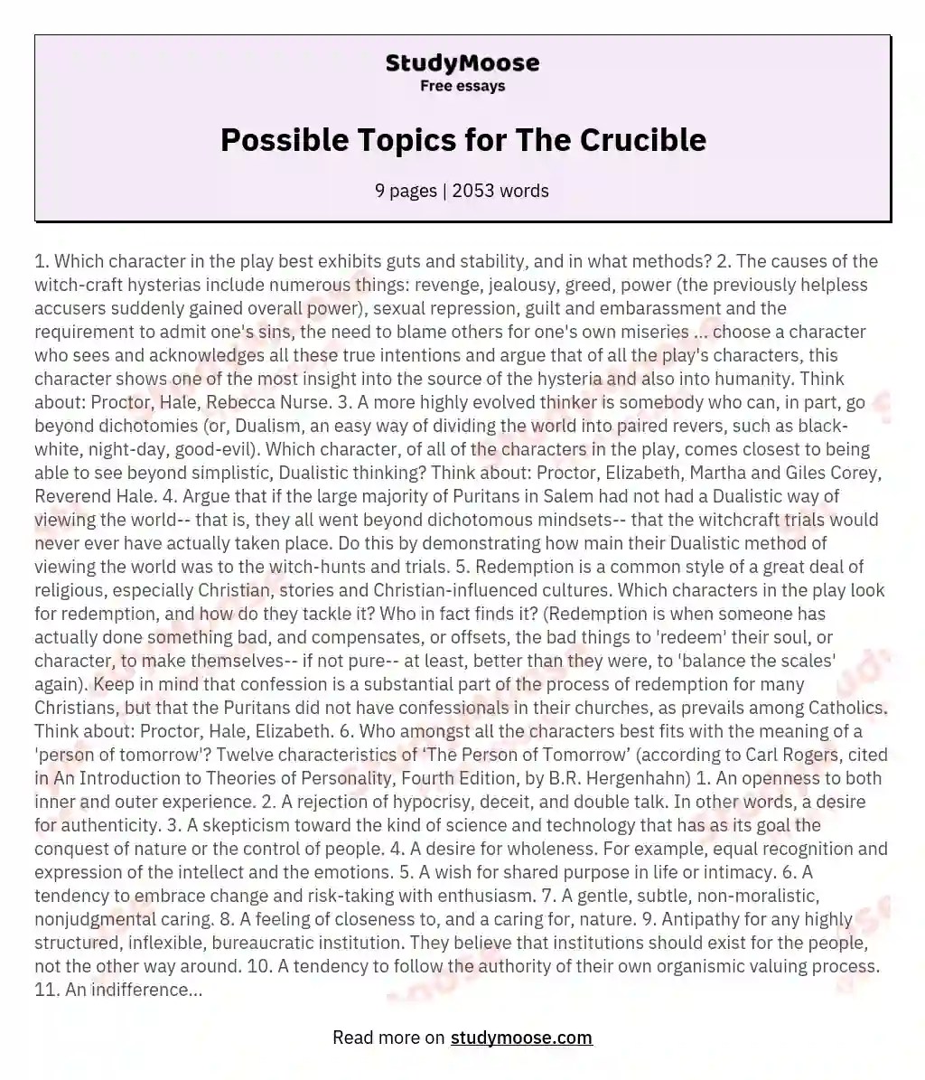 Possible Topics for The Crucible Free Essay Example
