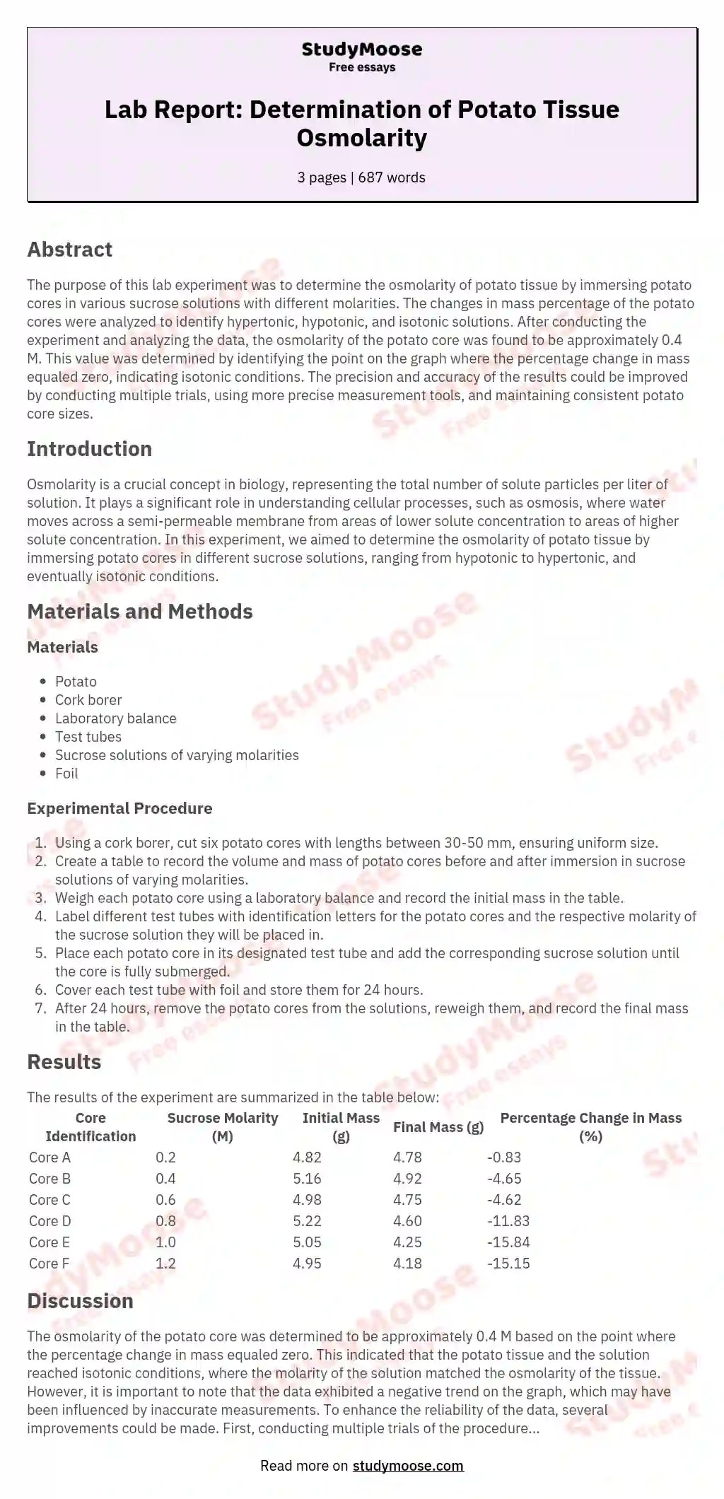 Lab Report Determination of Potato Tissue Osmolarity StudyMoose