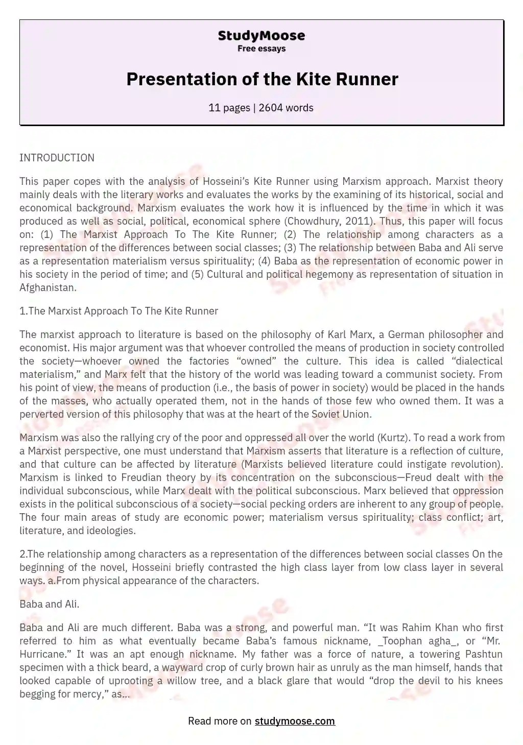 Presentation of the Kite Runner Free Essay Example