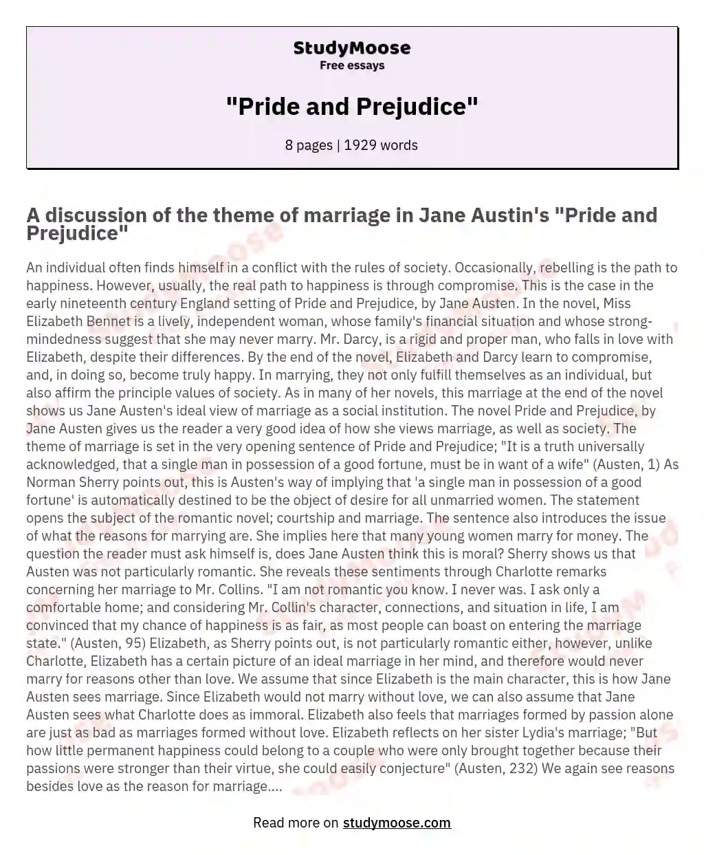 "Pride and Prejudice" Free Essay Example