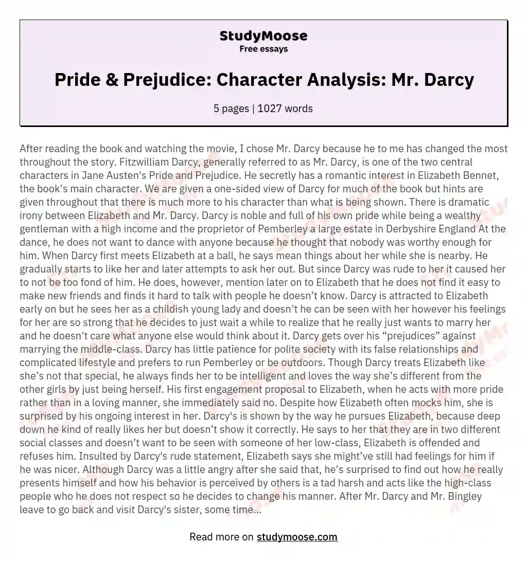 Pride & Prejudice Character Analysis Mr. Darcy Free Essay Example