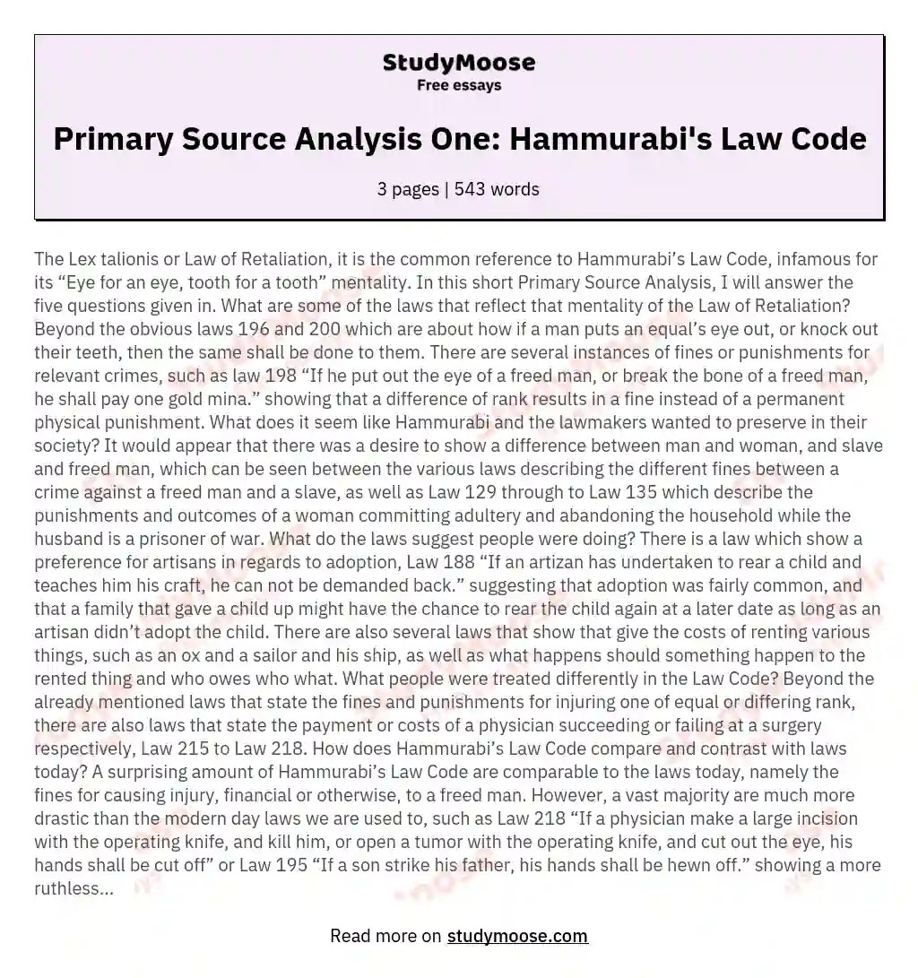 Primary Source Analysis One Hammurabi's Law Code Free Essay Example