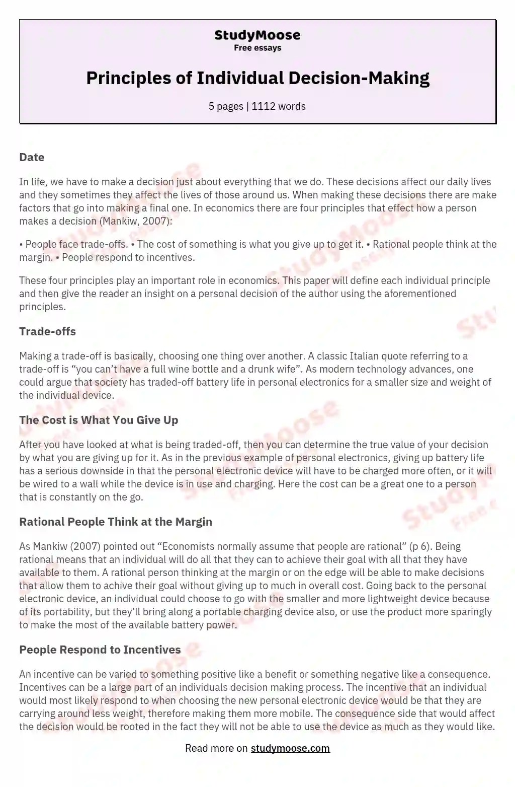 Principles of Individual DecisionMaking Free Essay Example