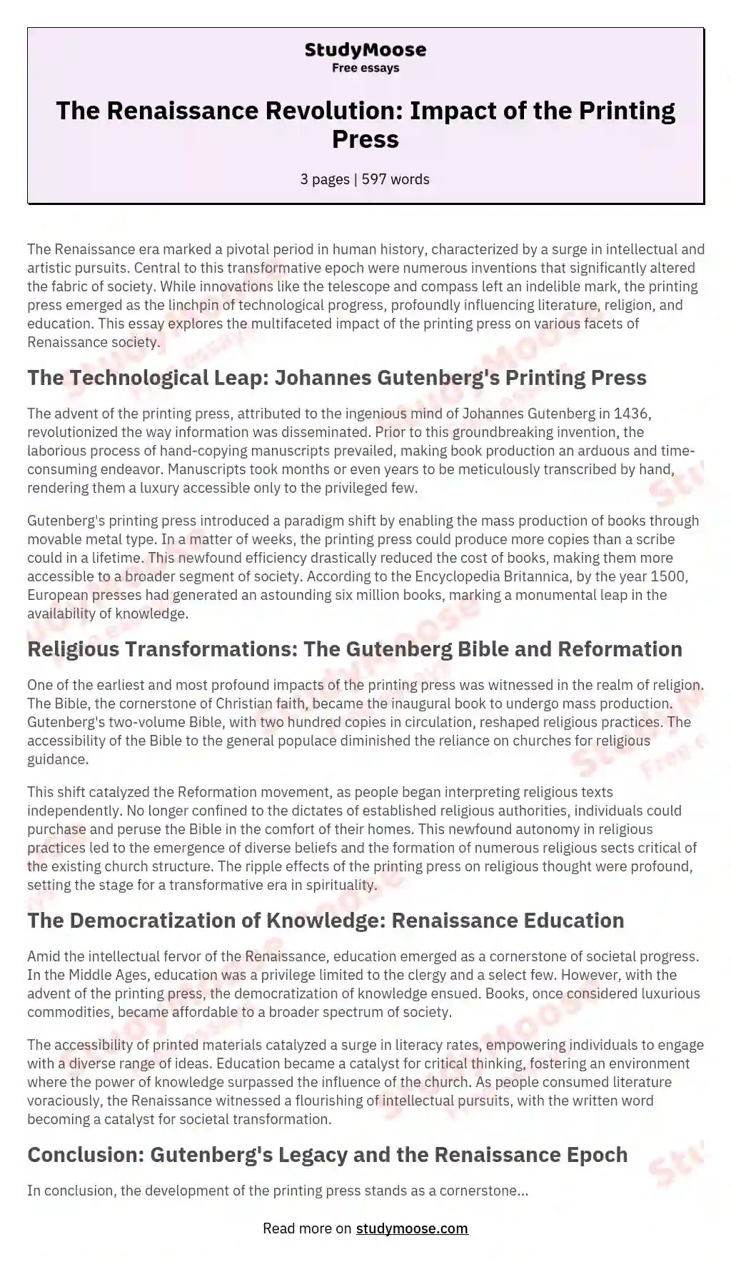 The Renaissance Revolution Impact of the Printing Press Free Essay Example