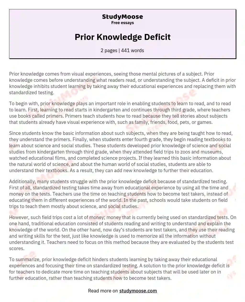 Prior Knowledge Deficit Free Essay Example