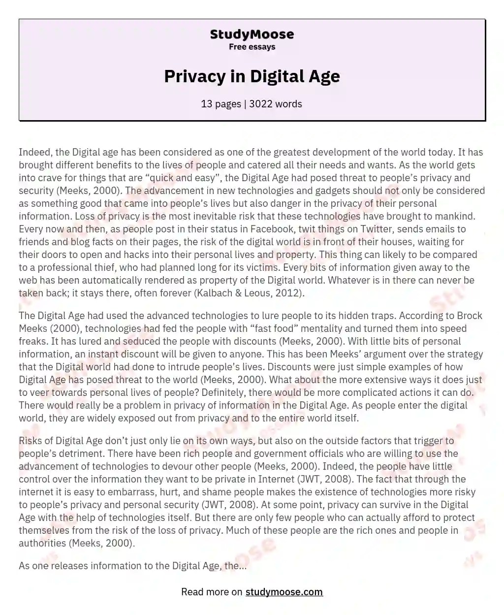 Privacy in Digital Age Free Essay Example