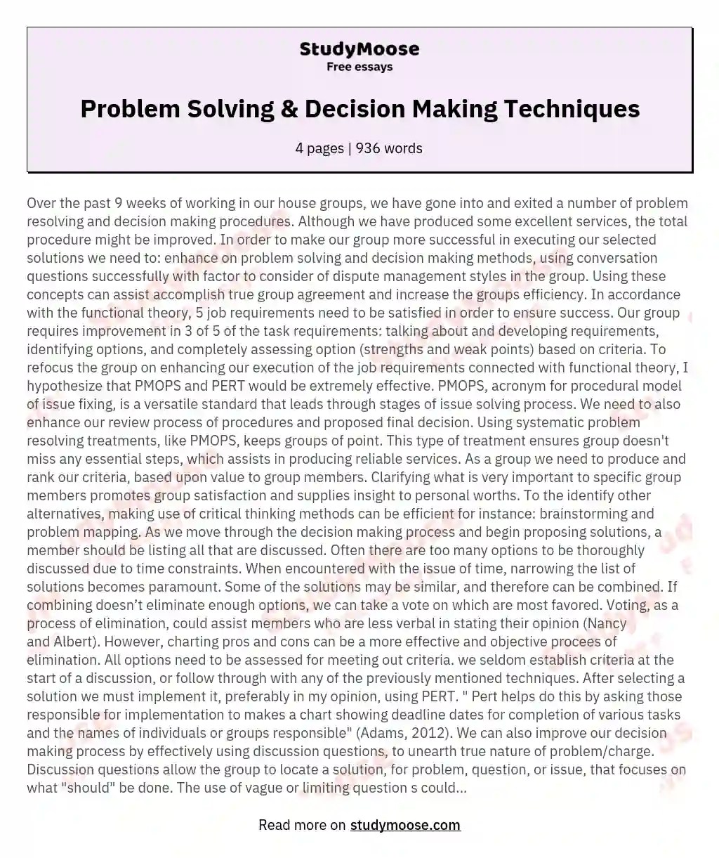 Problem Solving & Decision Making Techniques Free Essay Example
