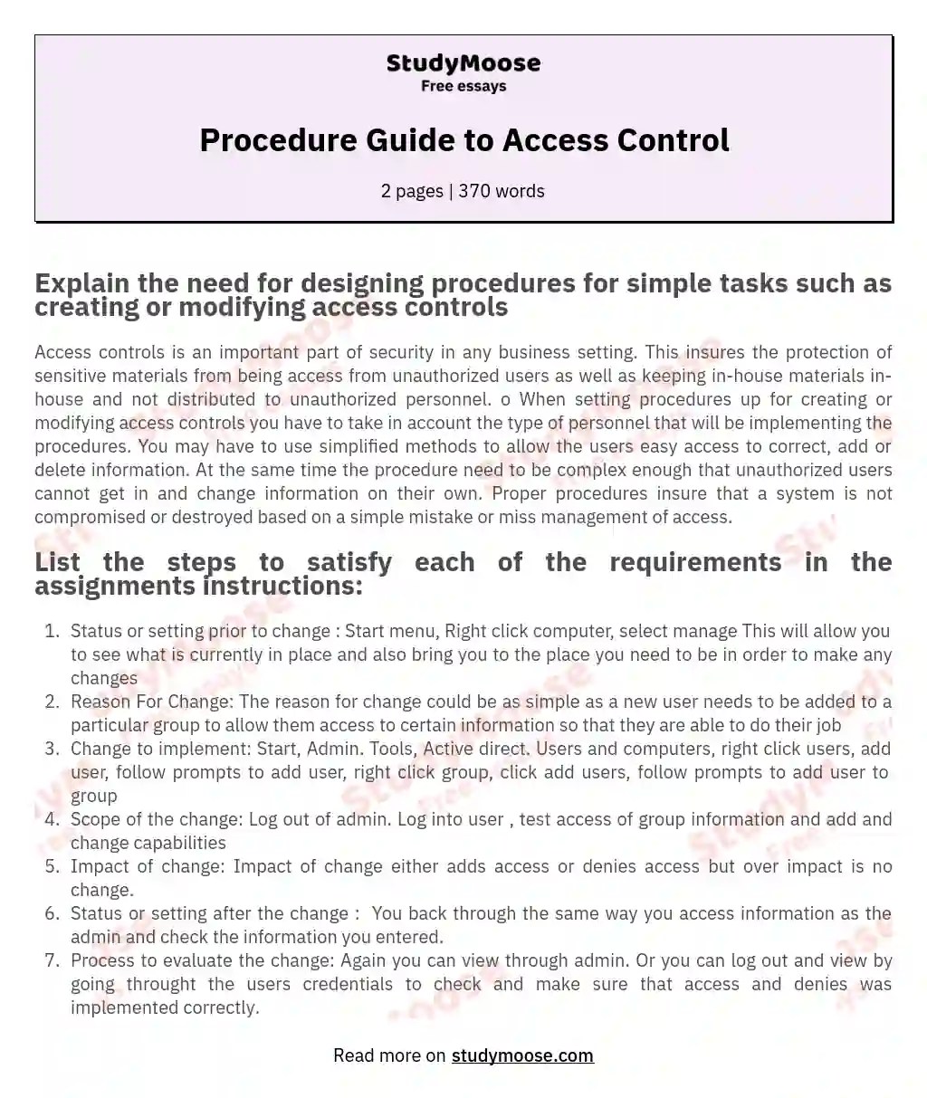 Procedure Guide to Access Control Free Essay Example