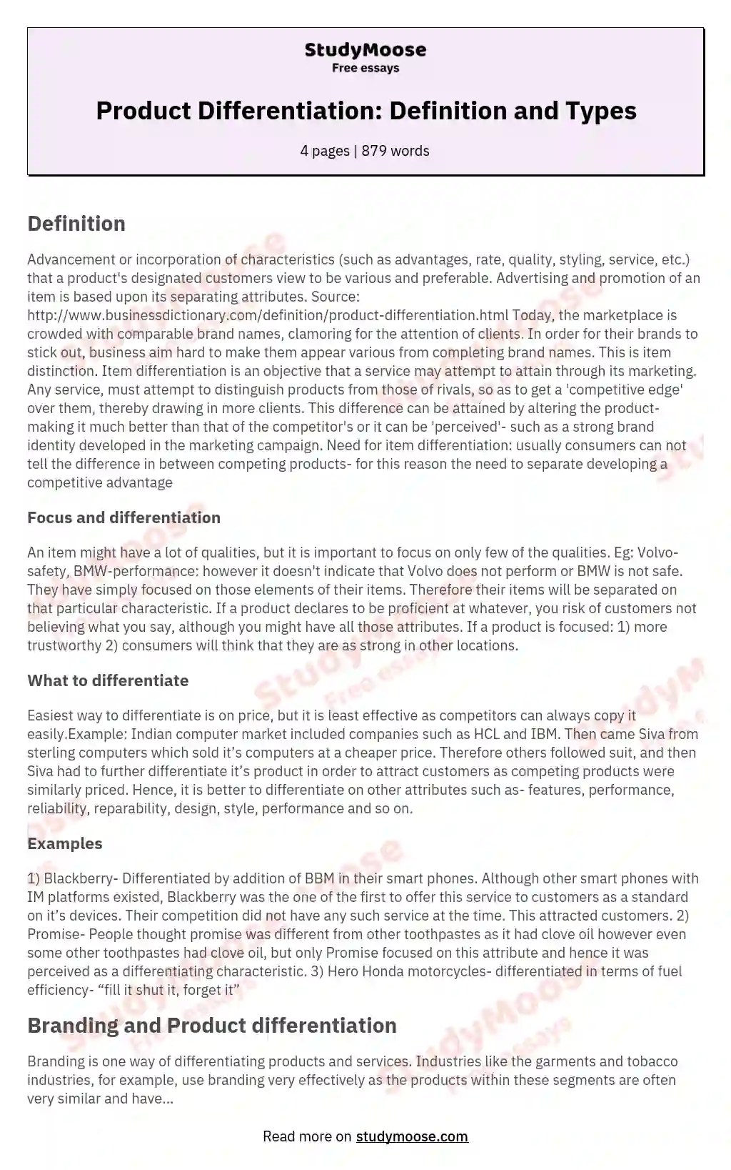 Product Differentiation Definition and Types Free Essay Example