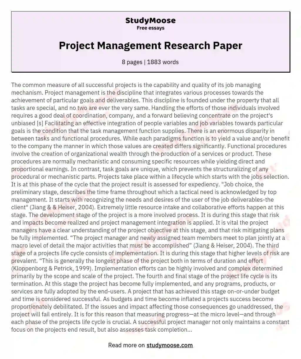 Project Management Research Paper Research Paper Example Free Essay