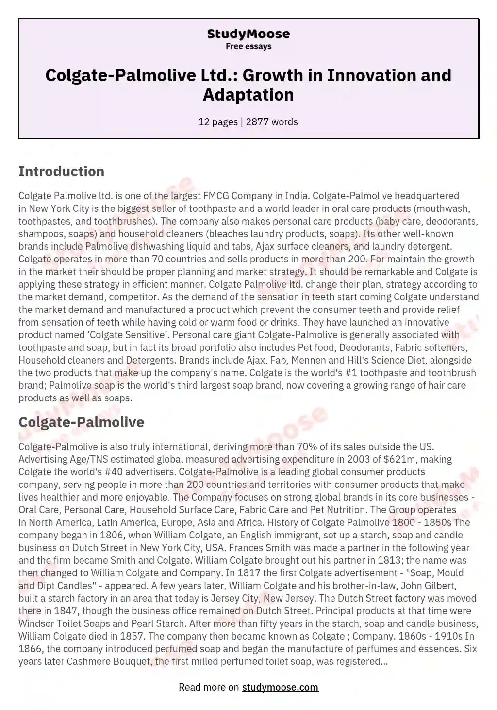 ColgatePalmolive Ltd. Growth in Innovation and Adaptation Free Essay