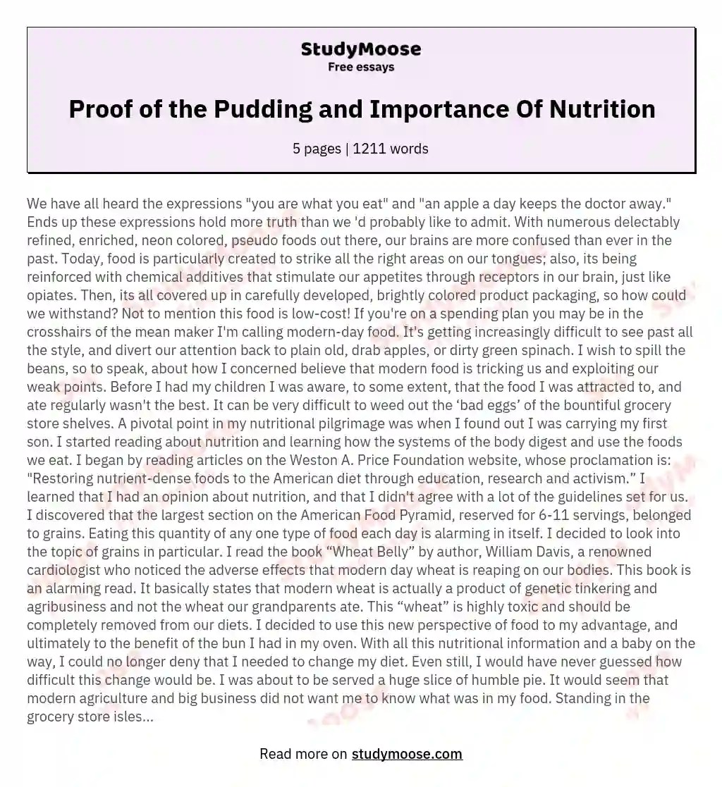 Proof of the Pudding and Importance Of Nutrition Free Essay Example