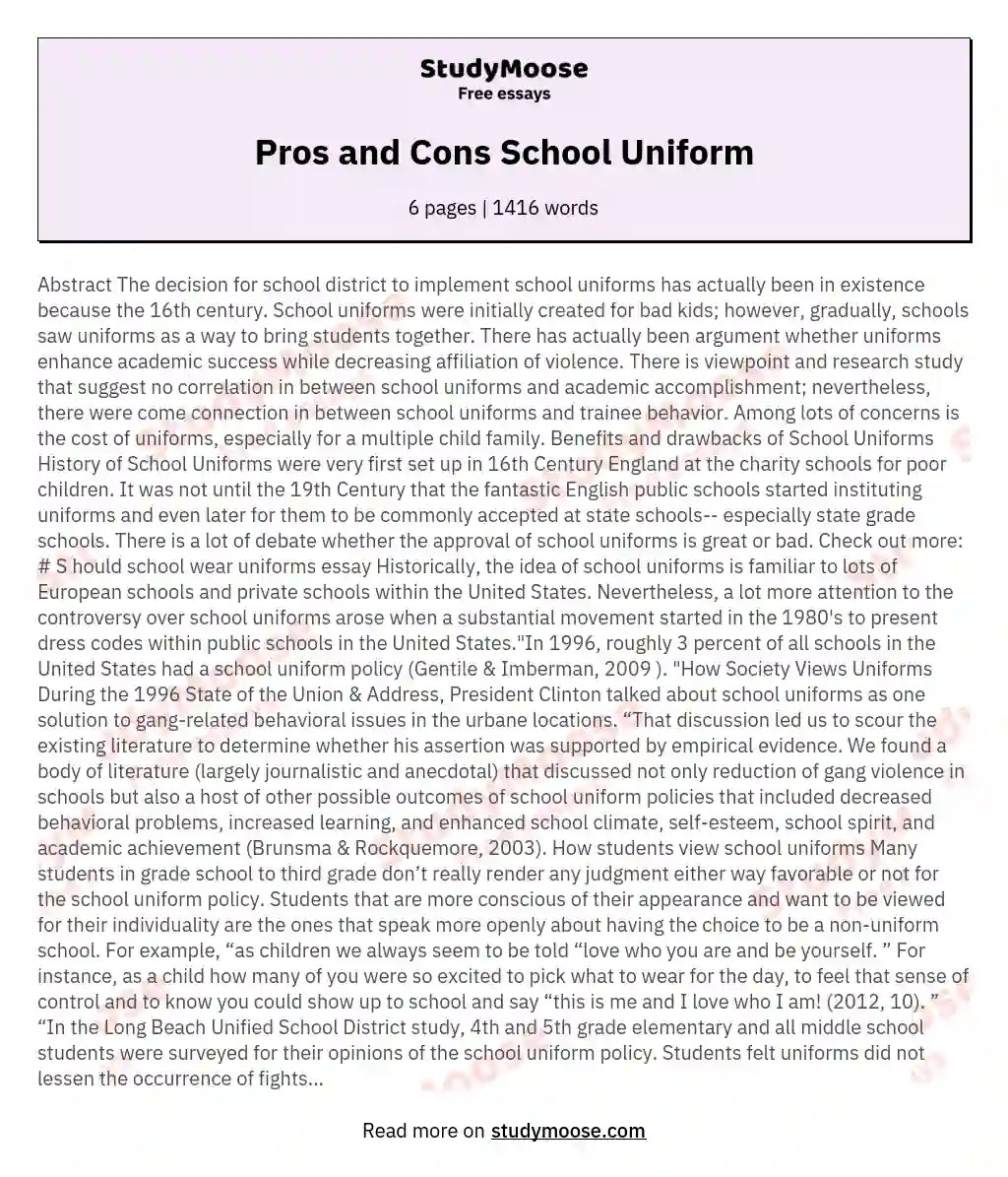Pros and Cons School Uniform Free Essay Example