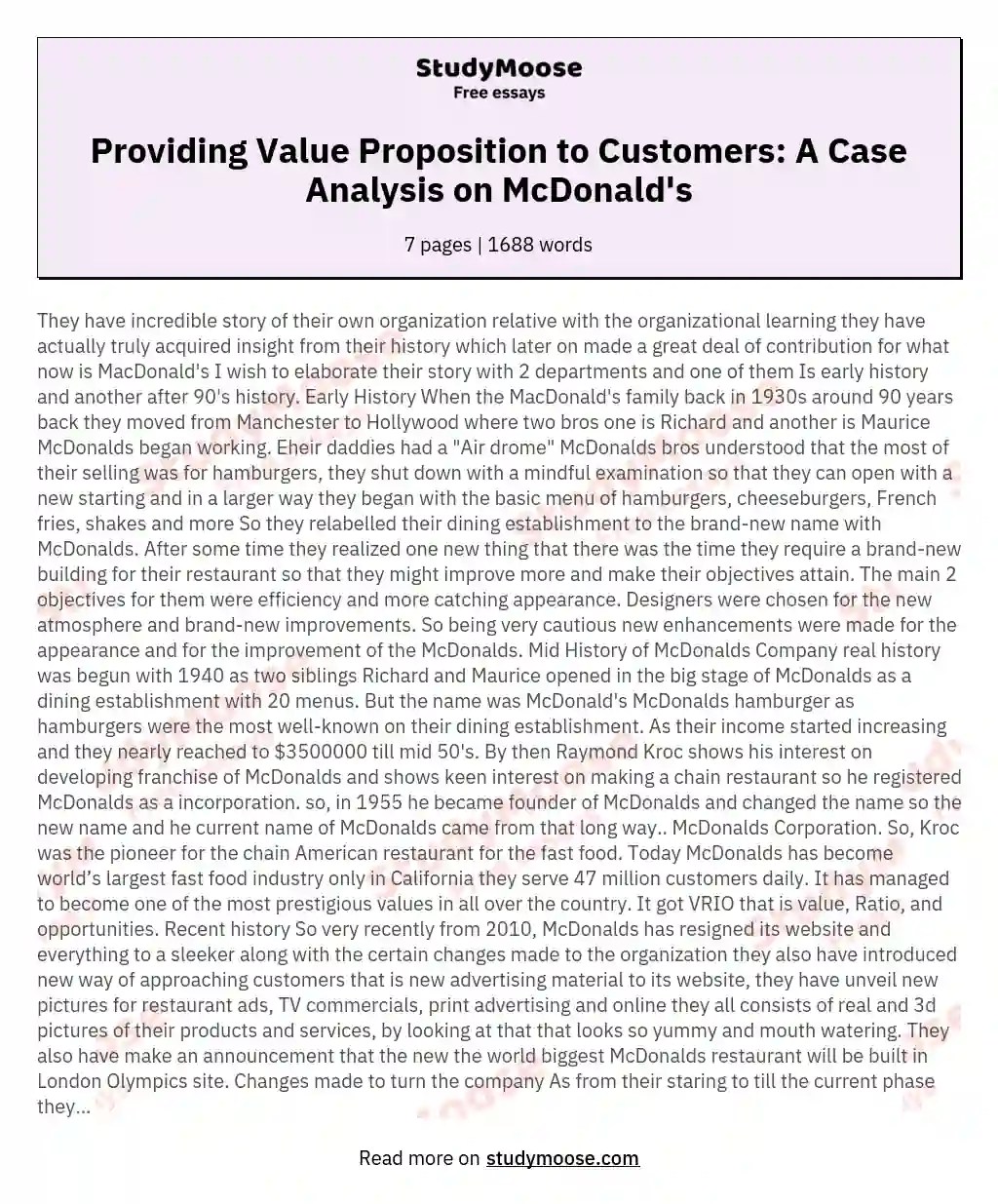 Providing Value Proposition to Customers A Case Analysis on McDonald's
