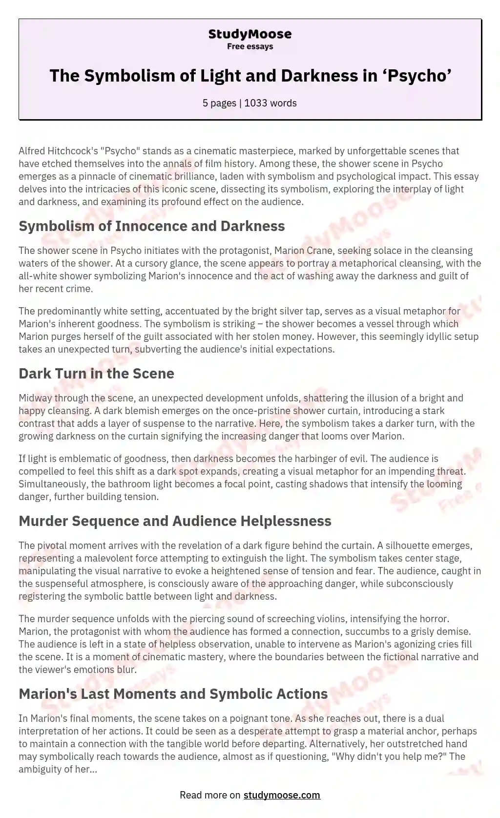 The Symbolism of Light and Darkness in ‘Psycho’ Free Essay Example