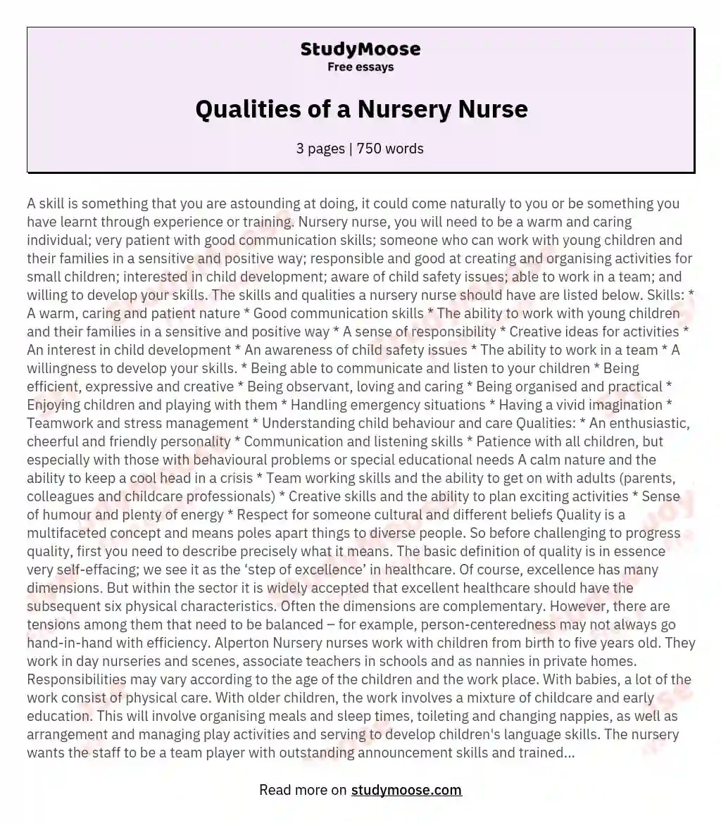 Qualities of a Nursery Nurse Free Essay Example
