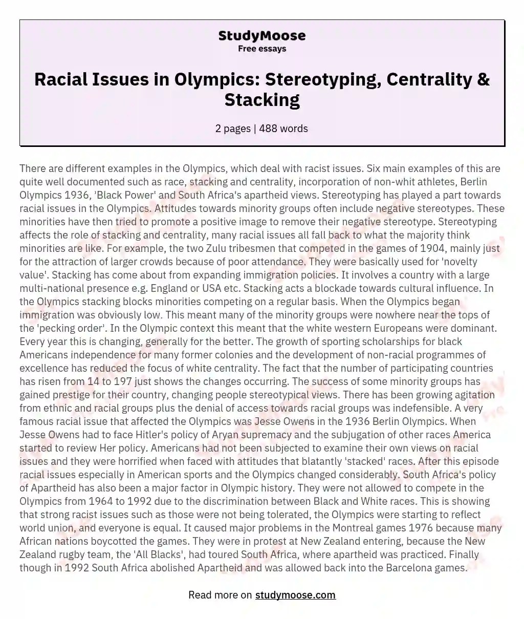 Racial Issues in Olympics Stereotyping, Centrality & Stacking Free