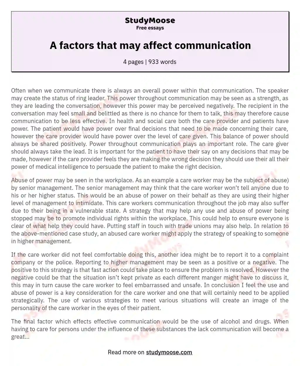 A factors that may affect communication Free Essay Example