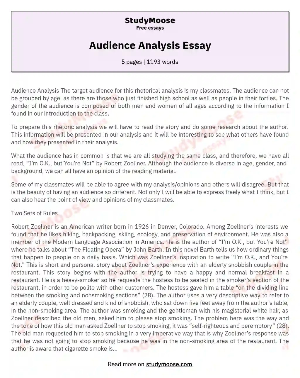 Audience Analysis Essay analysis paper example, Free essay Sample
