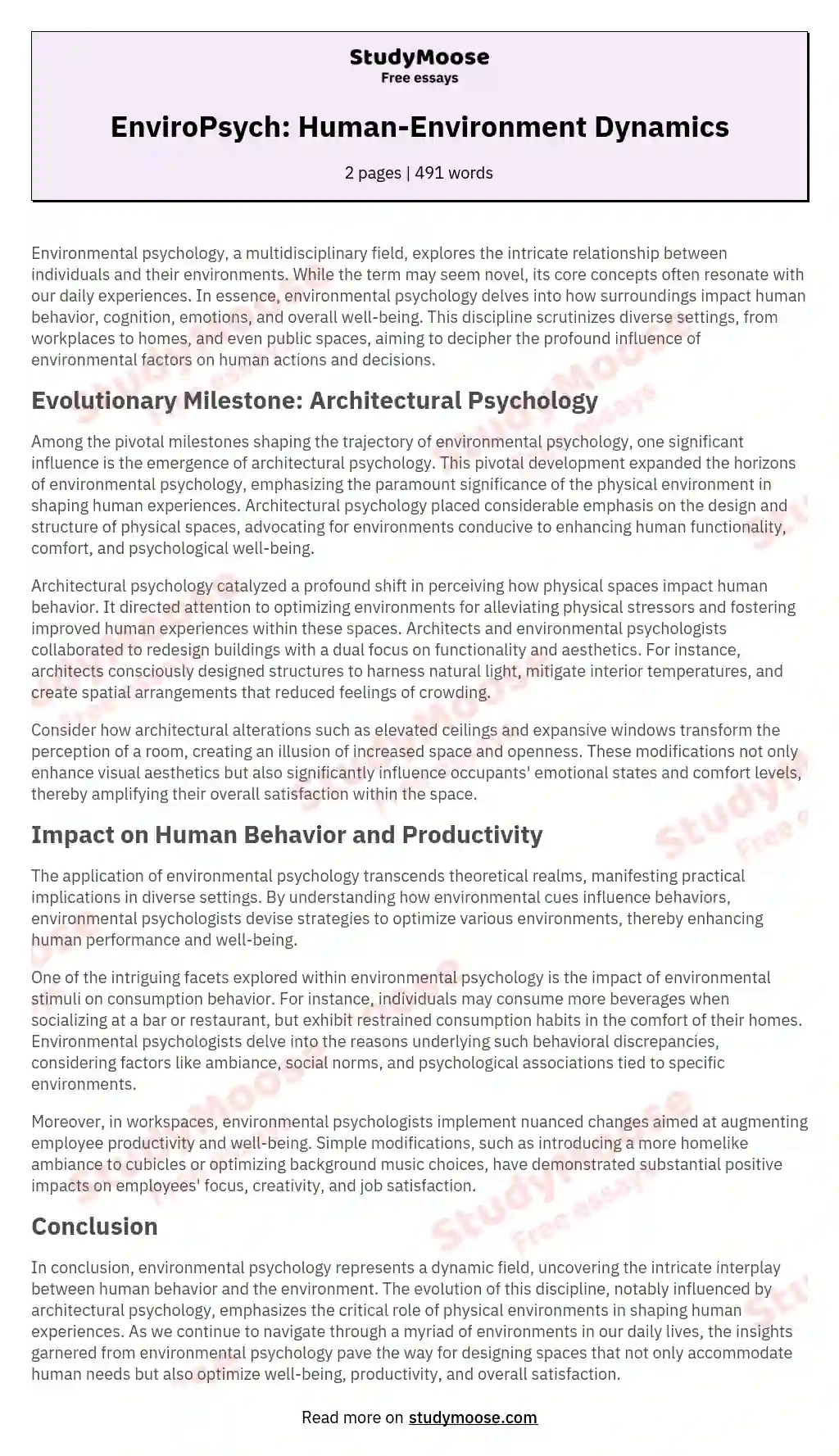 EnviroPsych HumanEnvironment Dynamics Free Essay Example