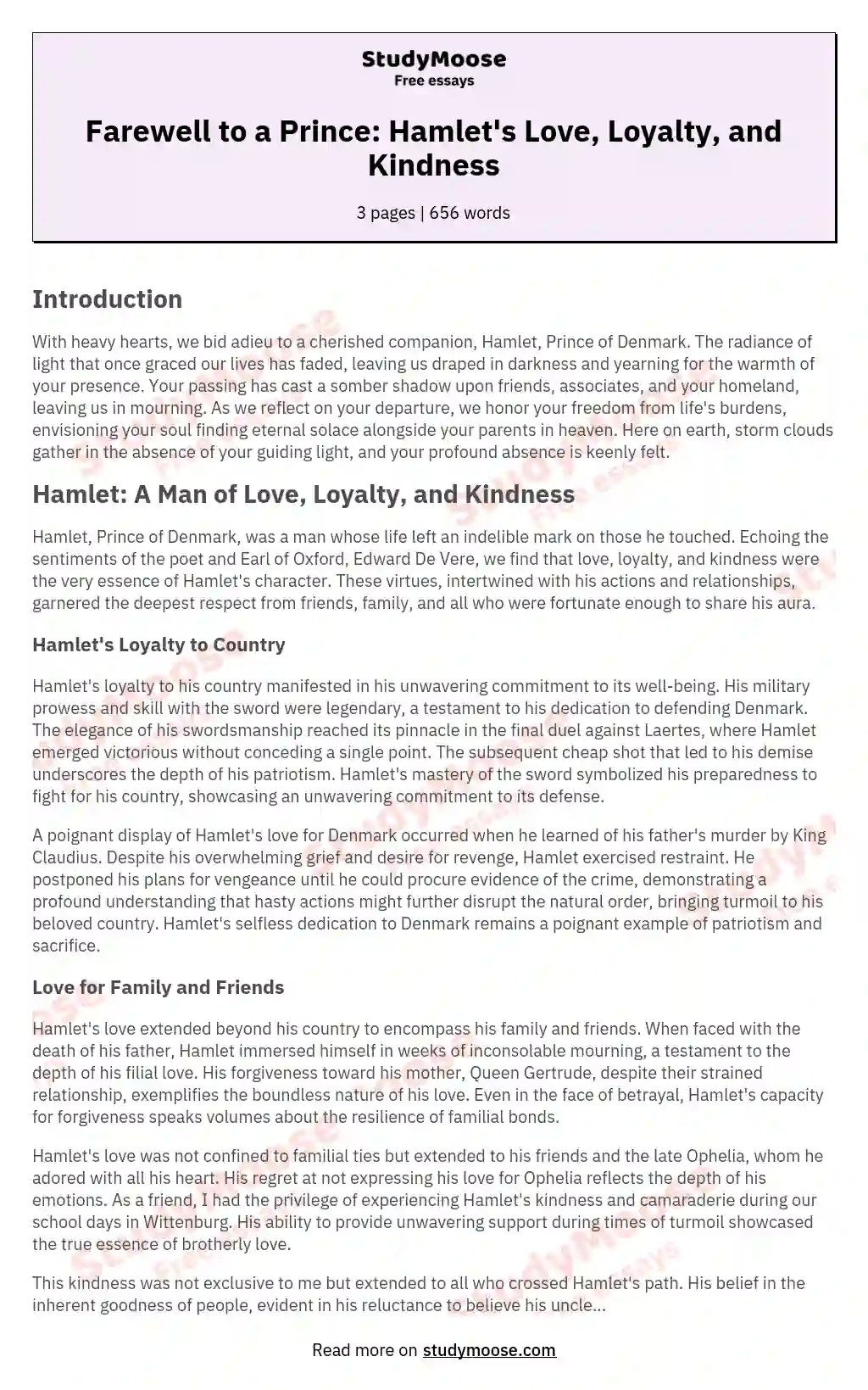 Farewell to a Prince Hamlet's Love, Loyalty, and Kindness Free Essay