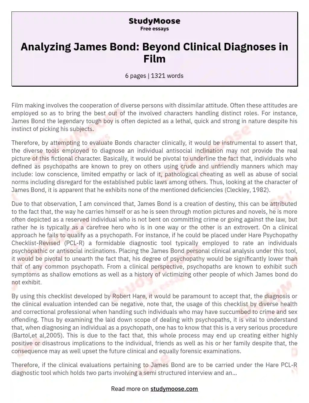 Analyzing James Bond Beyond Clinical Diagnoses in Film Free Essay Example