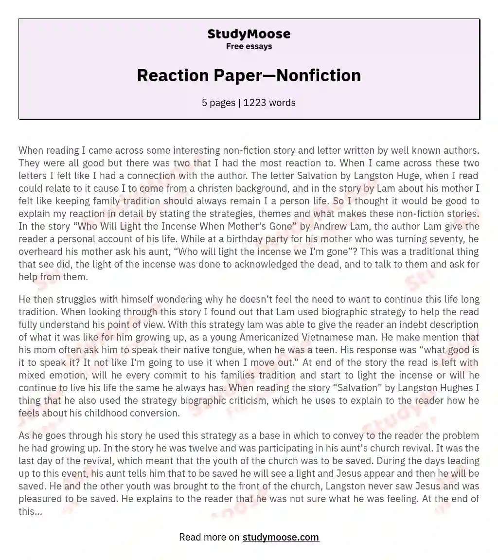 Reaction Paper—Nonfiction Free Essay Example