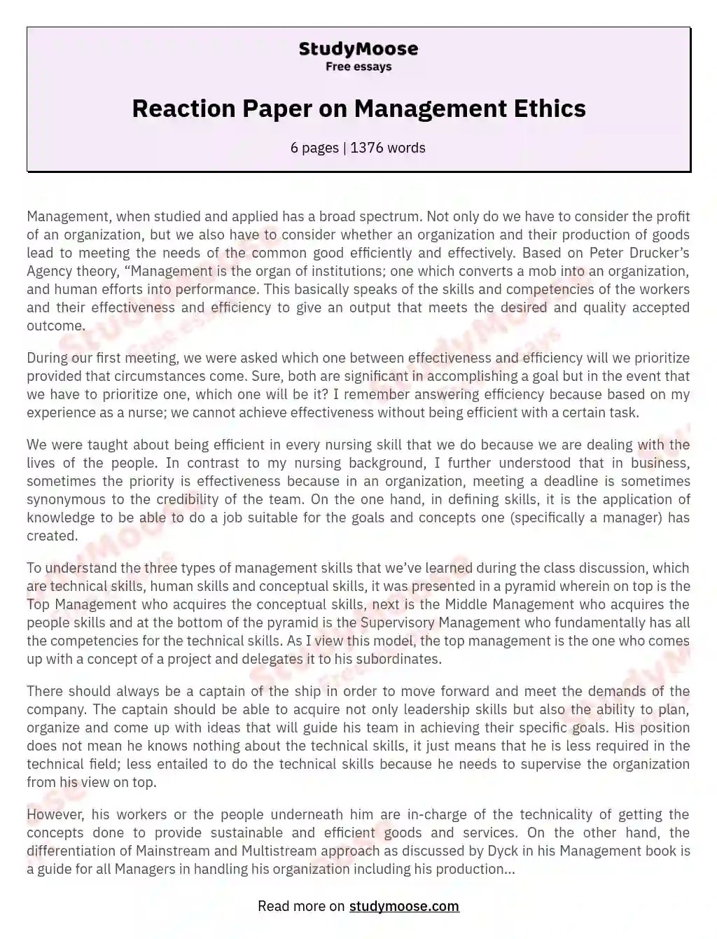 Reaction Paper on Management Ethics Free Essay Example