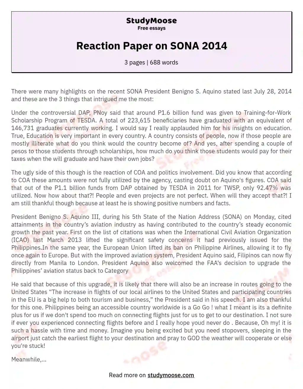 Reaction Paper on SONA 2014 Free Essay Example