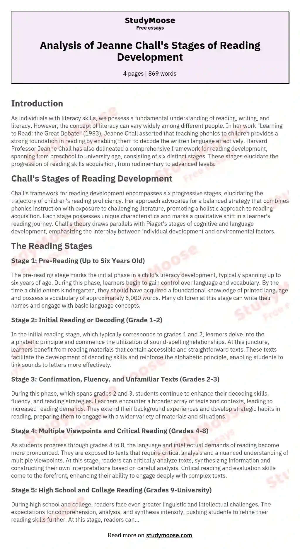 Analysis of Jeanne Chall's Stages of Reading Development Free Essay Example