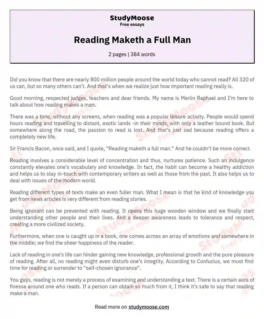 Reading Maketh a Full Man Free Essay Example