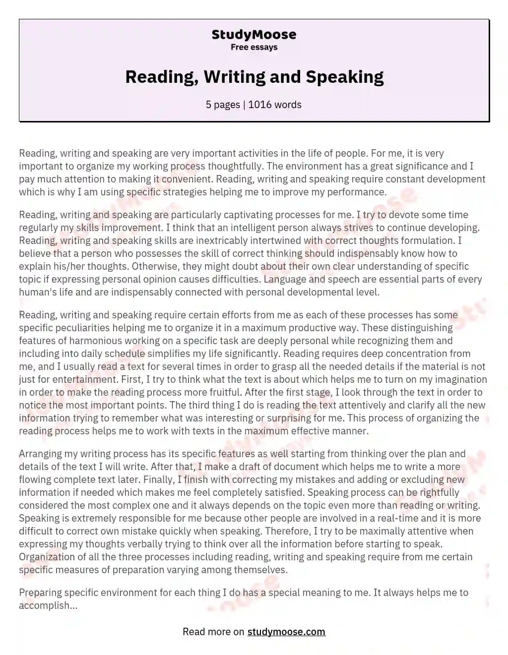 Reading, Writing and Speaking Free Essay Example
