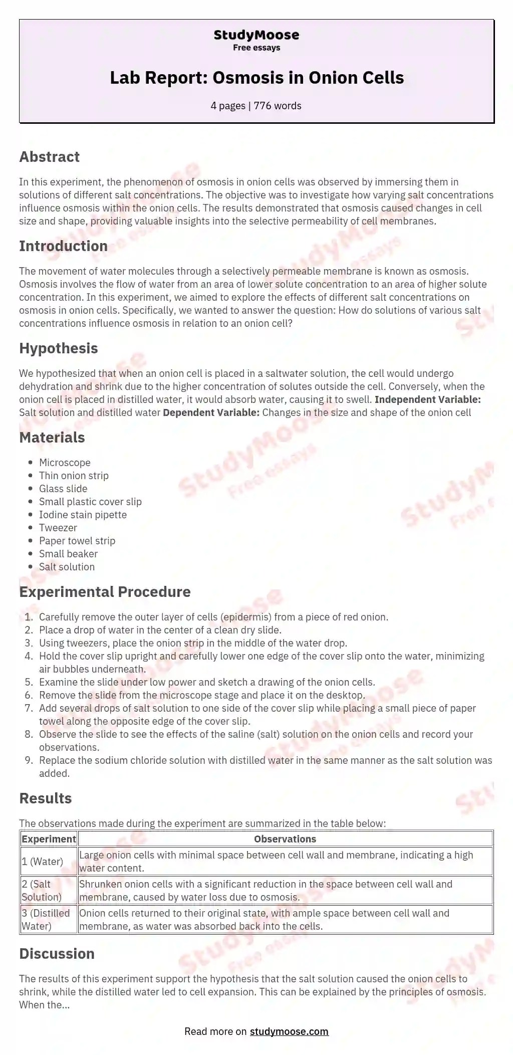 Lab Report Osmosis in Onion Cells StudyMoose