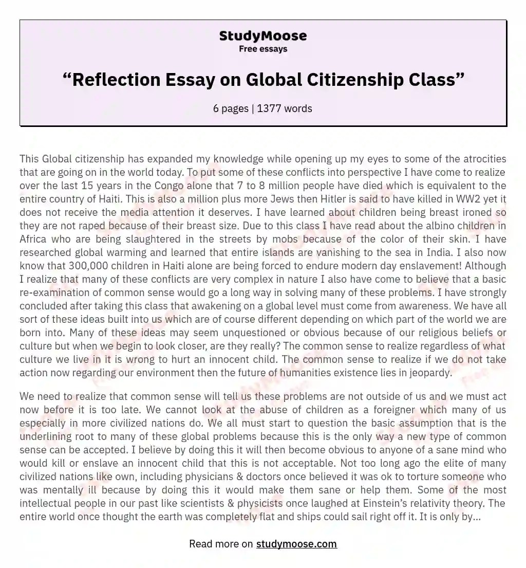 “Reflection Essay on Global Citizenship Class” Free Essay Example